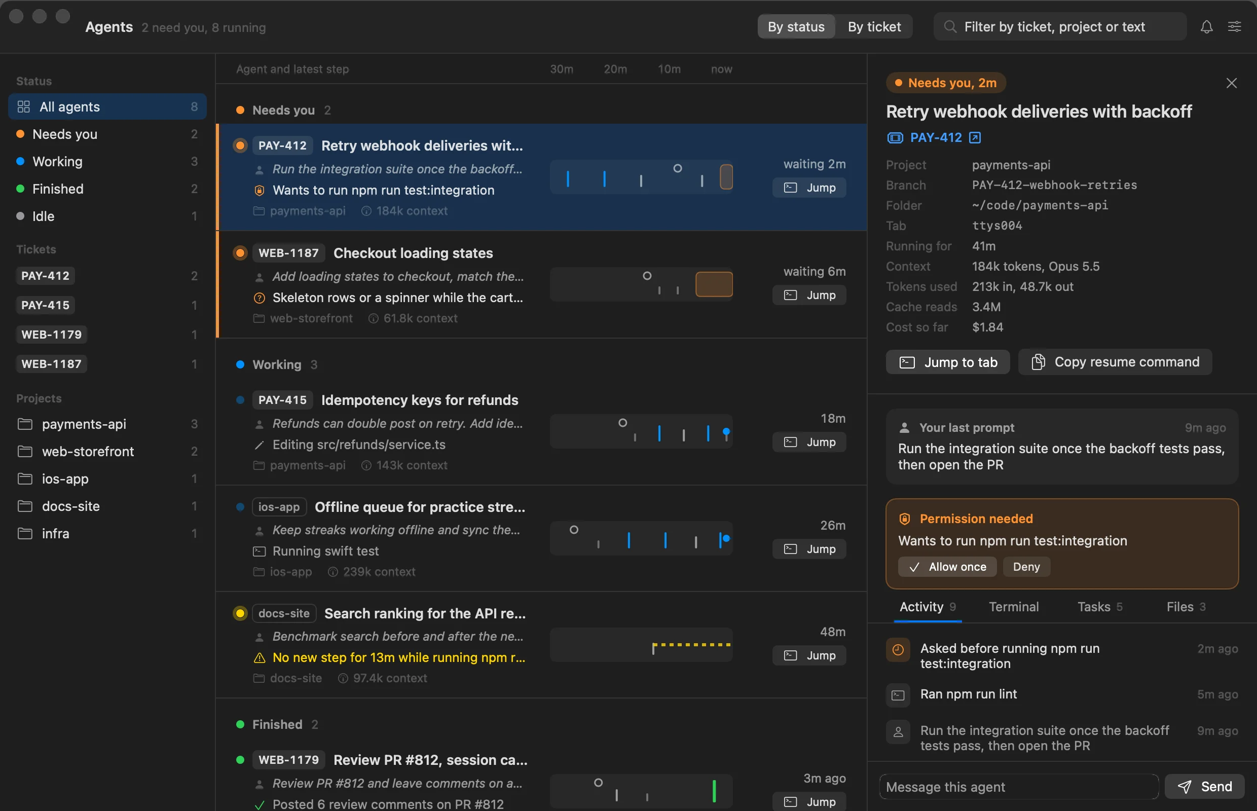 The Agentbar dashboard: a sidebar of statuses, tickets and projects, one lane per agent with an activity strip, and an inspector showing a pending permission request with Allow once and Deny.
