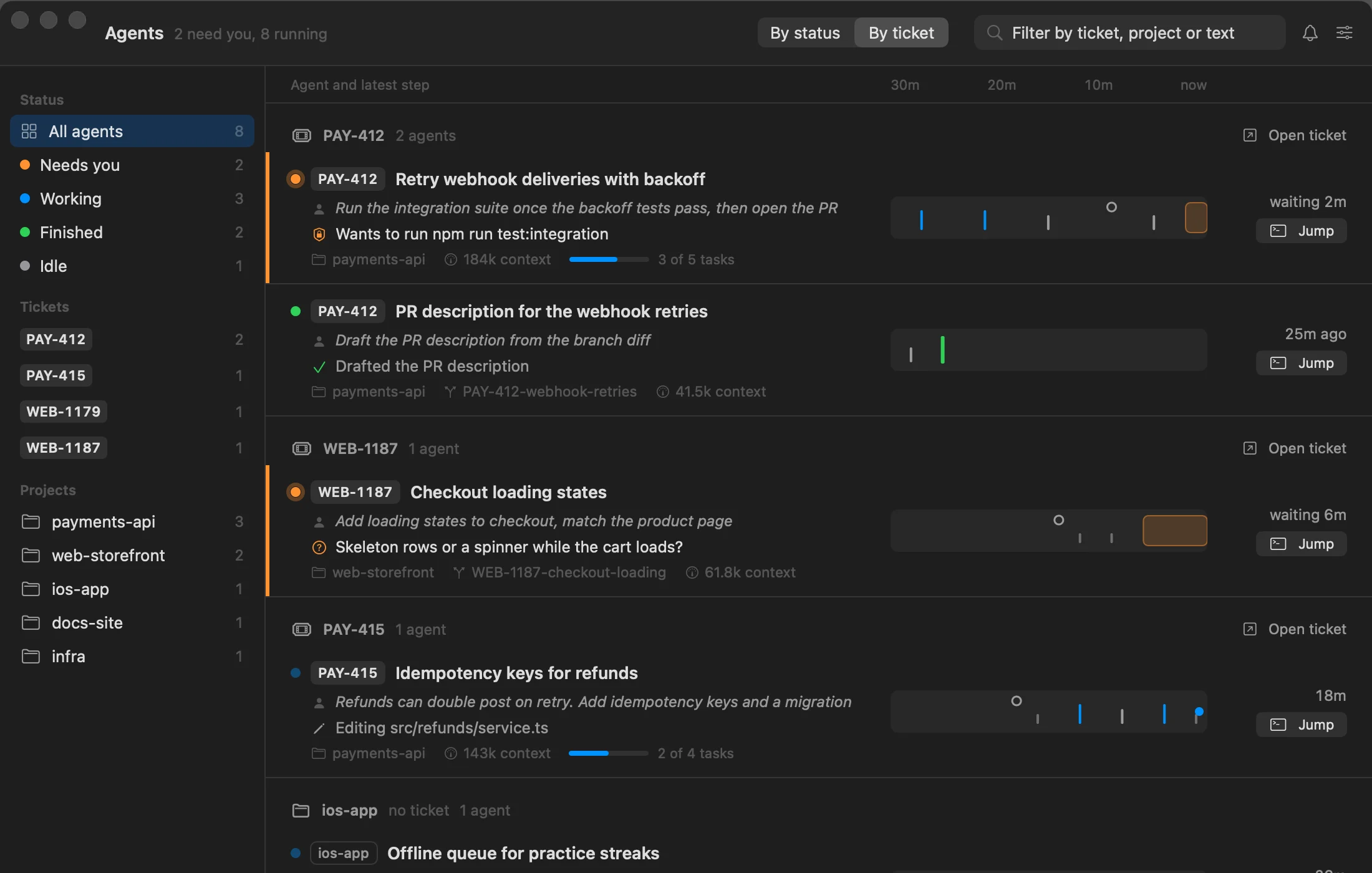 The dashboard grouped by ticket, with two agents under PAY-412.